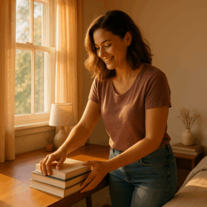 Smiling woman organizing books on a desk in a bright, cozy North American-style bedroom, promoting good cleaning habits.