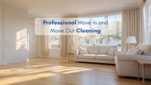 Bright North American style living room with clean hardwood floors and neatly arranged furniture, illustrating Professional Move In and Move Out Cleaning.