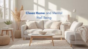 Bright North American living room with cozy furniture and natural light, illustrating the connection between a clean home and mental well-being.