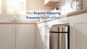Modern North American kitchen with natural sunlight, stainless steel trash bin and spotless counters showing how regular cleaning prevents pests.