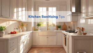 Bright North American style kitchen with white cabinets and natural sunlight, highlighting the importance of kitchen sanitizing tips for a healthier home.