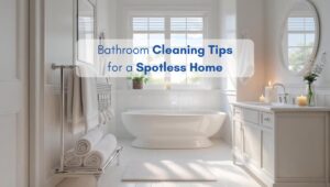 Bright North American style bathroom with white bathtub, vanity, and clean design, used for a blog on bathroom cleaning tips for a spotless home.