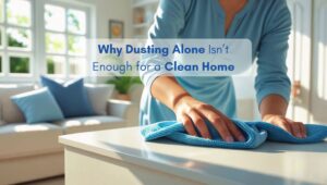 Person dusting furniture in a modern North American style home, highlighting that dusting alone isn’t enough for a truly clean home.