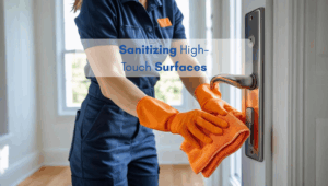 A professional cleaner wearing gloves sanitizing a door handle in a bright North American home.