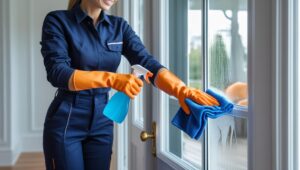 Woman cleaning a window in a bright, cozy North American-style home after professional windows cleaning by Paula’s Cleaning Service.
