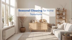 Bright North American living room with sunlight, cozy sofa and decor, representing seasonal cleaning for smooth home transitions.