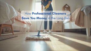 A professional cleaner mopping a hardwood floor in a bright, North American-style bedroom, showing how professional cleaning saves homeowners money in the long run.