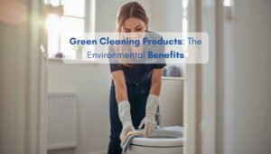 A professional cleaner using eco-friendly cleaning products in a North American style bathroom, highlighting the environmental benefits of green cleaning.