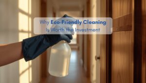 Woman cleaning a modern North American home using eco-friendly cleaning products.