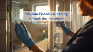Woman cleaning a bathroom mirror with eco-friendly products in a North American style home.