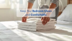 Woman organizing a clean and comfortable bedroom in a North American home.