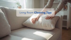 Woman arranging cushions on a sofa in a bright North American-style living room, illustrating practical living room cleaning tips.