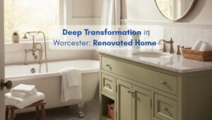 Renovated North American style home after Deep Cleaning in Worcester, featuring a modern bathroom with vanity, bathtub and fresh décor.
