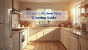 Modern North American kitchen with wooden floors and white cabinets, representing a complete kitchen deep cleaning guide.