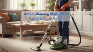 A professional cleaner uses eco-friendly cleaning products while vacuuming a stylish living room in a North American home. This image highlights the importance of sustainable cleaning practices for protecting both family health and the environment.