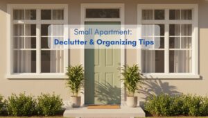 Front view of a small American-style apartment with green door and potted plants, representing declutter and organizing tips.