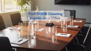 Modern American-style office meeting room with disinfected surfaces, illustrating post-COVID cleaning standards.