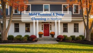 Front view of an American-style home in Nashua with autumn décor, used to illustrate mold removal and deep cleaning services.