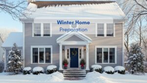 American-style home in winter covered with snow, representing seasonal home preparation.