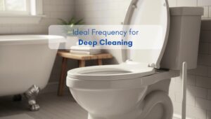 Modern American-style bathroom with toilet and bathtub, used to illustrate ideal frequency for deep cleaning.