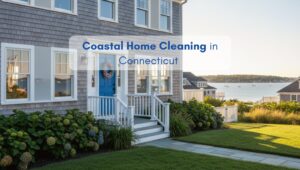 American coastal home facade in Connecticut surrounded by greenery, representing coastal house cleaning.