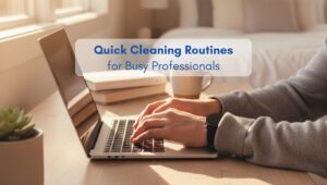 Busy professional working on a laptop in a bedroom of an American-style home, representing quick cleaning routines.