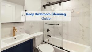 Clean and organized bathroom in an American-style home, illustrating a deep bathroom cleaning guide.
