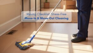 Woman mopping hardwood floor in a bright North American living room during move-in and move-out cleaning.