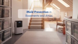 Clean and organized basement in a North American home with a dehumidifier, showing effective mold prevention setup.
