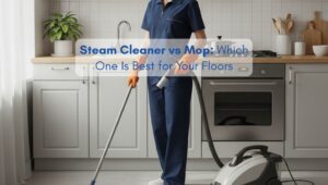 Woman holding a mop and steam cleaner in a modern kitchen, comparing cleaning tools for different floor types.