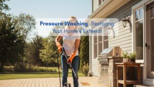 Woman using a pressure washer to clean a wooden deck outside a modern North American home on a sunny day.
