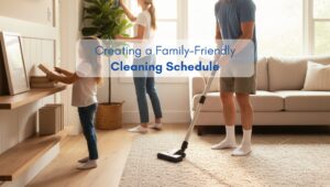 Family cleaning together in a bright living room of a North American home, with parents and child organizing and vacuuming.