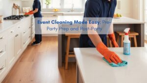 Professional cleaning crew tidying up a bright North American living room before an event.