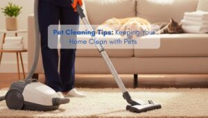 Woman vacuuming a bright North American living room in a pet-friendly home.