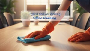 Woman cleaning a conference table in a bright North American-style office, representing hybrid and co-working office cleaning services.