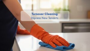 Woman cleaning a kitchen countertop with a blue cloth, representing professional turnover cleaning to prepare a rental for new tenants.