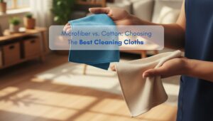 A woman holding a blue microfiber cloth and a beige cotton cloth in a bright, organized living room, comparing cleaning cloths.