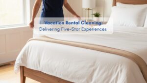 A woman making a neatly arranged bed in a bright, clean Airbnb bedroom, preparing the space for new guests, and ilustrating a vacation rental cleaning.