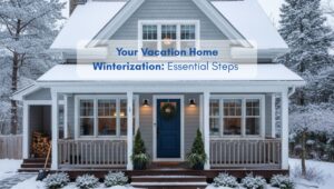 Front view of a snow-covered American-style vacation home winterization and preparing for the cold season.