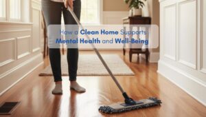 Woman mopping a bright hallway in a clean, organized American-style home, promoting mental health, bringing clarity and well-being through cleanliness.