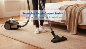 Woman vacuuming a beige carpet in a cozy, well-lit American-style bedroom, illustrating professional carpet stain removal and cleaning.