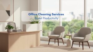 Modern reception area in a clean, bright American-style office with large windows and minimalist furniture, representing professional office cleaning services.