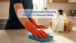 Woman cleaning a kitchen counter with eco-friendly cleaning products and sustainable cleaning toolkit, reusable cloths in a bright American-style home.