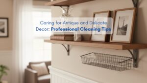 Antique and delicate home decor displayed on a wooden shelf in a bright living room of an American-style home.