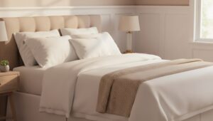 Woman neatly folding a white sheet on a clean, organized bed in a bright American-style bedroom.