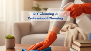 Woman cleaning a living room coffee table with gloves and spray bottle, representing DIY vs professional cleaning.