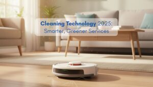 Robot vacuum cleaning hardwood floor in a modern North American living room, showcasing smart cleaning technology 2025.