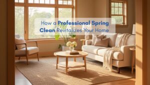 Bright, organized North American-style living room after a professional spring cleaning, featuring natural light, clean surfaces and cozy decor.