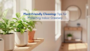 Indoor houseplants on a wooden shelf in a bright hallway of a modern American-style home, introducing a blog post with the title ''Plant-Friendly Cleaning: Tips for Protecting Indoor Greenery''.