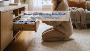 Woman organizing a living room drawer in a bright, tidy home, preparing for the holidays.